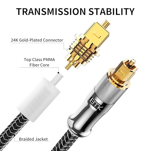 EMK 24K Gold-Plated Optical Audio Cable [4ft/1.2M] - Digital Toslink SPDIF Cable Compatible with Soundbar to TV, Home Theater - High-Speed Fiber Optic Cable (Silver)