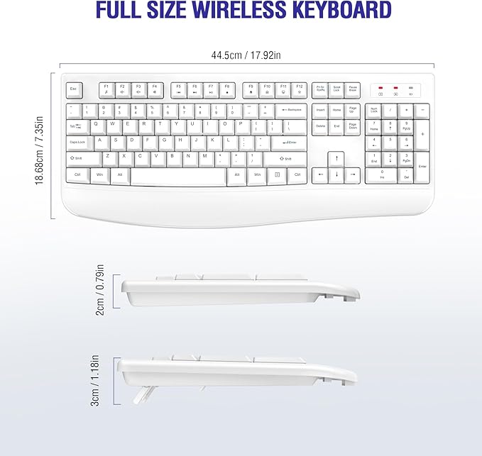 Wireless Keyboard, 2.4G Full-Sized Ergonomic Wireless Computer Keyboard with Wrist Rest for Windows, Mac OS Laptop/PC/Desktop/Notebook (White)
