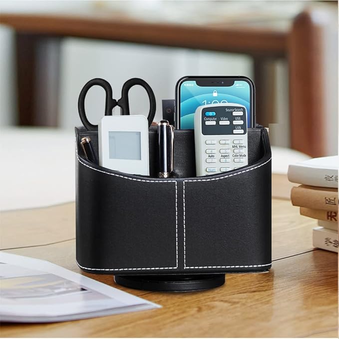 Leather 360° Spinning Remote Control Holder, Pencil Pen Holder for Desk Table Nightstand, TV Remote Caddy Organizer, Black Office Decor and Accessories, Storage Box for Phone,Media Player Controllers