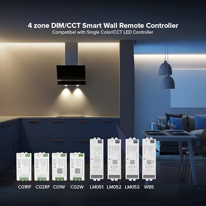 BTF-LIGHTING Wireless 2.4G RF 4 Zone Single Color Wall Mounted Smart Panel Remote Powered by 2XAAA Batteries 3V Work with WB5 LM052 LM053 C01RF C02RF C01W C02W etc PWM Controller