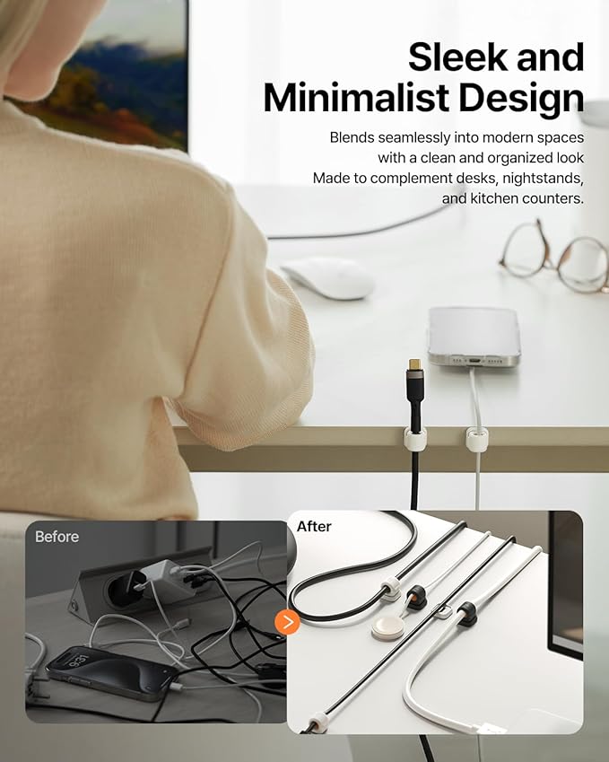6 Pack Sinjimoru Magnetic Cable Clips, Compact Size Cord Organizer & Cable Management for Desk, Nightstand & Car, Fits up to 7.5mm Cables, White