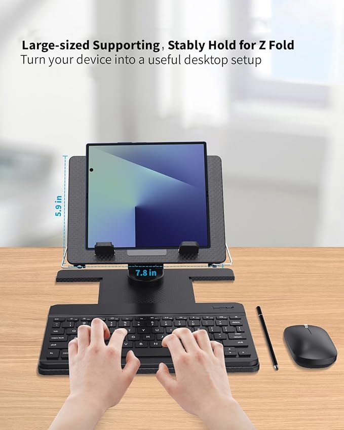 Desk Stand and Bluetooth Keyboard Combo for Samsung Galaxy Z Fold 7/6/5, 4 in 1 Set Include Mouse Pen, Adjustable Foldable Tablet Stand Holder Fits for 4.7"-13" Smartphones Tablet