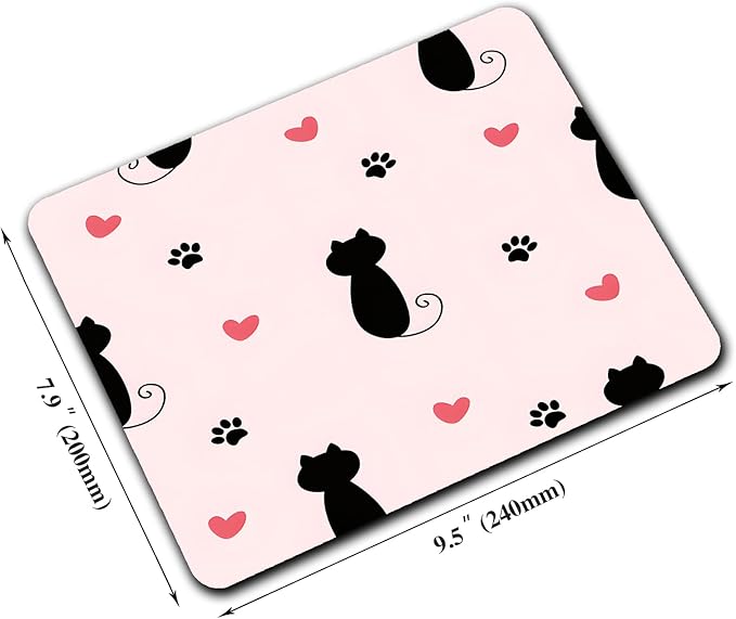Cute Heart Cartoon Black Cat Paw Custom Mouse Pad with Non-Slip Rubber, Small Square Design for Wireless Laptop & Computer Mouse Pads for Desk, 9.5 x 7.9 inch Smooth Surface for Gaming & Office