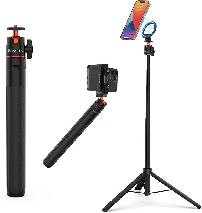 PHOPIK 55" Magnetic Selfie Stick Phone Tripod, Extendable Magnetic Cell Phone Tripod Stand Compatible with iPhone/Android/Sport Camera&Insta 360 x5, Perfect for Video Recording/Selfies/Live Stream