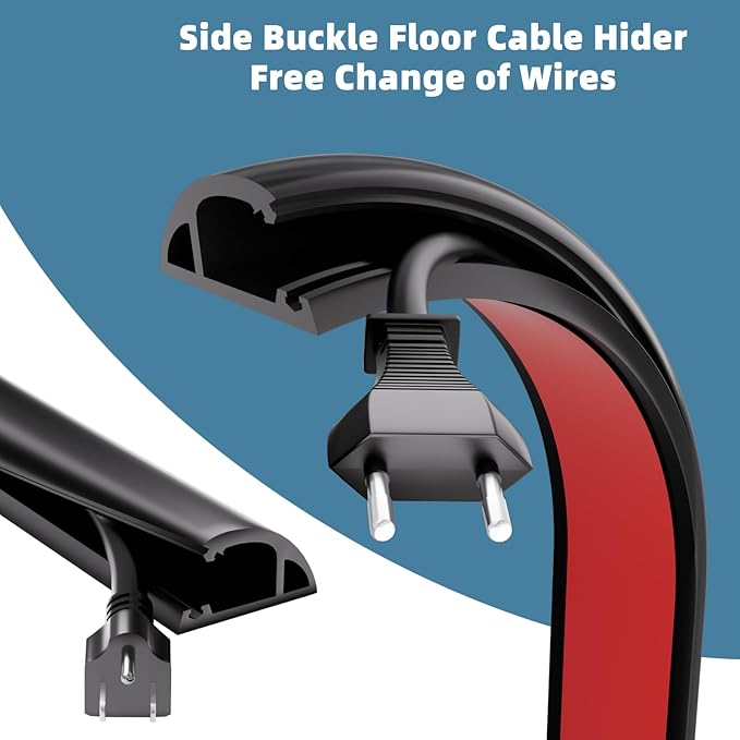 6ft Side Buckle Floor Cord Cover for Wires, Selfadhesive Extension Cord Hider Easy Floor Cable Management Prevent Cable Trips,Silicone Floor Wire Covers for Cords, Cable Protector Cord Cavity（Black）