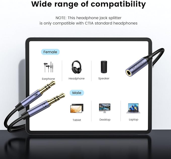 MOSWAG Headphone Splitter for Computer, 3.5mm Female to Dual 3.5mm Male Cable for PC Gaming, Headphone Mic Splitter for PC 24K Gold-Plated with Noise Cancellation for Laptop/Speakers/Mic【11inch/28cm】