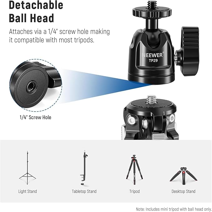 NEEWER Mini Metal Table Tripod with 360° Ball Head, Supports Vertical Recording and Handle, Portable Travel Tripod with 1/4 Inch Screw for Camera Mobile Phone Action Cam, Max. Load 3 kg, TP29