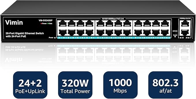 24 Port Gigabit PoE Switch with 2 Uplink Gigabit Ports, VIMIN 26 Port Unmanaged PoE Ethernet Switch with 320W Power, Support IEEE802.3af/at, VLAN, Metal Housing, 19 inch Rack-Mount, Plug and Play