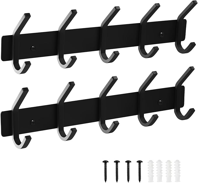 VAEHOLD Wall Hooks, Heavy Duty Aluminum Towel Hooks for Hanging Coat, Hat, Key, Clothes, Closet Hook Wall Mount for Kitchen, Bathroom, Office (“C“ Shape Coat 5 Hooks 2 Pack)