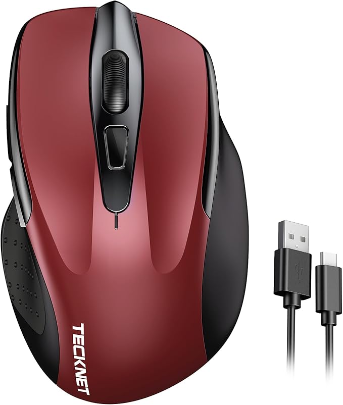 TECKNET Rechargeable Wireless Mouse, 2.4G Silent Mouse, Quiet Click, 6 Adjustable 4800 DPI, Cordless Computer Mouse, Ergonomic Mouse for Laptop, 6 Buttons USB Mouse for Chromebook, Ergo Grip - Red