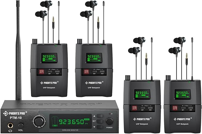 Phenyx Pro Wireless in-Ear Monitor System, Stereo IEM System with Rack Mount Kit, 89 Frequencies, 900MHz UHF Band, 164ft Range, Suitable for Stage & Studio (4 Bodypacks with Transmitter)