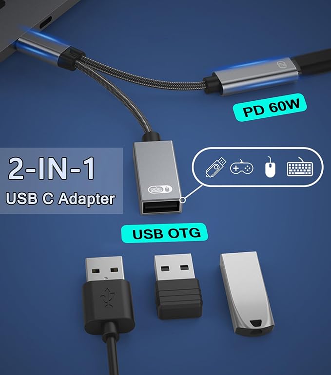 USB C to USB OTG Adapter, 2 in 1 USB C Splitter with PD 60W Charging Port and USB 3.0 Female Port Compatible wit iPhone 15 Pro, MacBook Pro,Chromebook, Galaxy and More Type-C Devices
