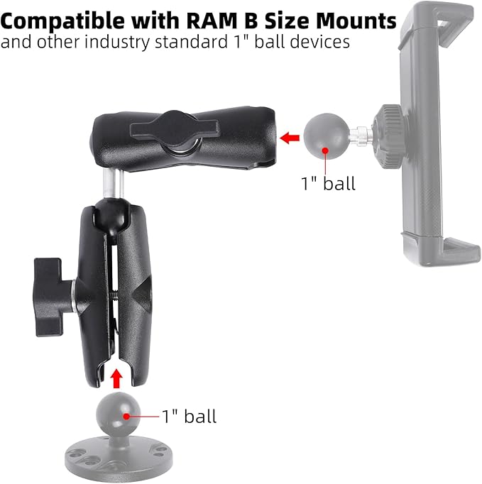 Dual Extension Double Socket Arm with 1" Double Ball Adapter Compatible with RAM B Size Mount and Other 1 inch Industry Standard Device, 360° Rotation Rod for Bike, Truck, Car (8.27" Length)