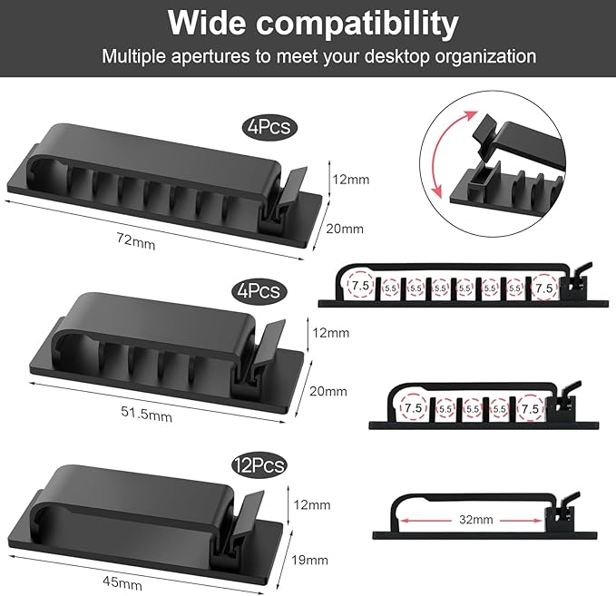 Cable Management Clips, 20Pcs Cord Organizers Wire Clips Cord Holder for TV PC Ethernet Cable Desk Home Office (Black)