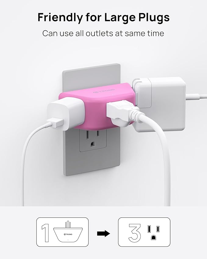 TROND Pink Outlet Extender - Multi Plug Outlet with 3-Prong Grounded Sockets, 3 Way Angled Plug Splitter, Compact and Practical Multiple Wall Expander for Home Travel Cruise Dorm Essentials