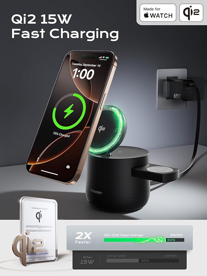 MFI Certified by Apple, 4 in 1 Magsafe Wireless Charging Station, Qi2 15W Magsafe Charger for iPhone 17/16/15/14/13/12 Series, iWatch, Airpods, iPad, 65W Charger Included (Black, 4 in 1)