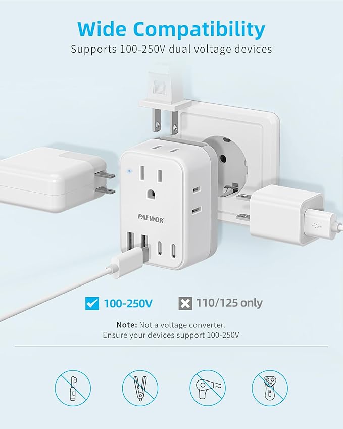 International Power Adapter Set, US to Worldwide Universal Travel Adapter- 4 AC Outlets 4 USB Ports (2 USB C), Type C/G/A/I/D/M Detachable Charger Plug for EU/UK/AUS/Japan/South Africa