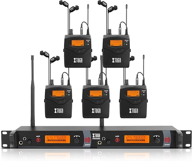 XTUGA RW2080 Wireless in Ear Monitor System Mono Design Dual Channel Wireless IEM System 5 Bodypacks, 300Ft, 40 UHF Frequencies, in Ears Monitors for Band, Stage or Studio, 902-928mhz