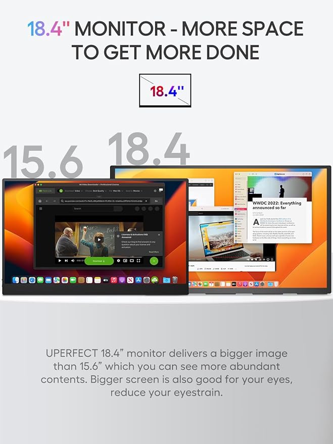 UPERFECT Portable Monitor 18.4-inch 4K 60HZ 10 Bit w/VESA & Stand 180° Adjustable Ultra-Slim & Lightweight Frameless FHD FreeSync IPS HDR Gaming Display, Travel Second Monitor for Laptop