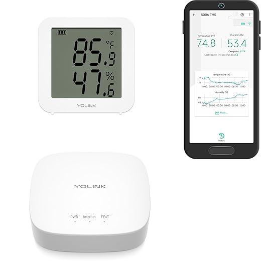 YoLink Indoor Hygrometer Thermometer, 2-Year Data Storage Export, Advanced Offline Storage, LoRa Tech, App Push, Email, SMS, Hub Included