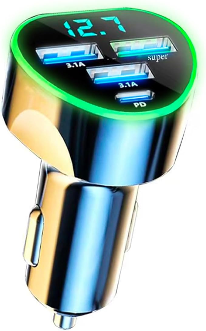 Multi Port USB C Car Phone Charger Adapter 4 in 1 with Voltage Display Super Fast Cigarette Lighter USB Charge with Volt Meter for iPhone 16/15/14/13/12 Galaxy Android Phones