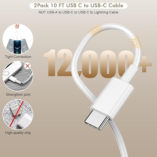 iPhone 16 15 Charger Fast Charging, 2Pack 10FT Extra Long USB-C to C Cable Cord with 20W Apple iPad USB C Fast Charger USB C Wall Charger Block for iPhone 16/16 Plus/16 Pro/16 ProMax/15/15 ProMax/iPad