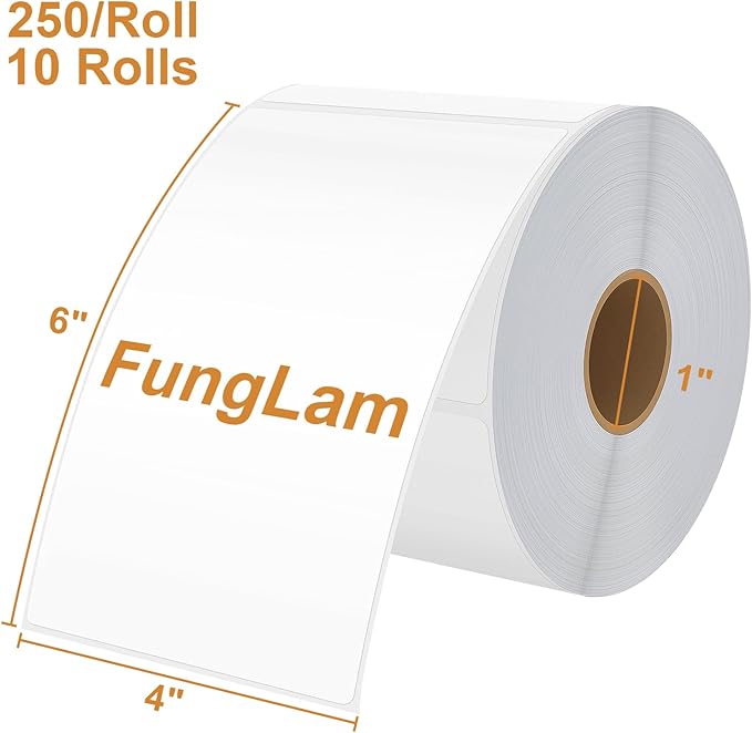 FungLam 10 Rolls 4"x6" Direct Thermal Printer Label, Shipping Labels Compatible with Zebra, Rollo and Most Thermal Printer, Perforated Postage Label Paper, 250 Labels/Roll