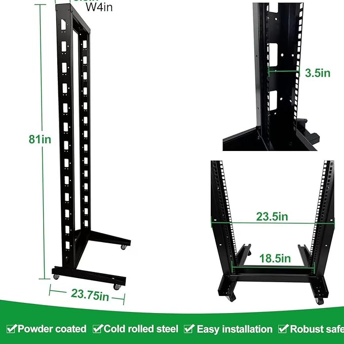 2 Post 42U Open Frame Server Rack 2-Post Server Rack Network Rack,with Movable casters，Comes with 2 Center Trays,for 19 Inch Equipment, Networking Data & IT Devices,1080lbs Weight Capacity(2P-DL-42)