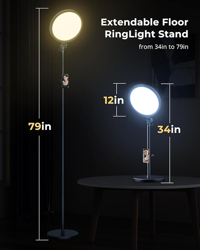 Aureday 12” Selfie Ring Light with Stand, Overall 79” Tall Ringlight Stands with Remotes and Phone Holder, Professional Floor Stand Light Ring for Video Recording/Live Stream/TikTok/Photography/Barber