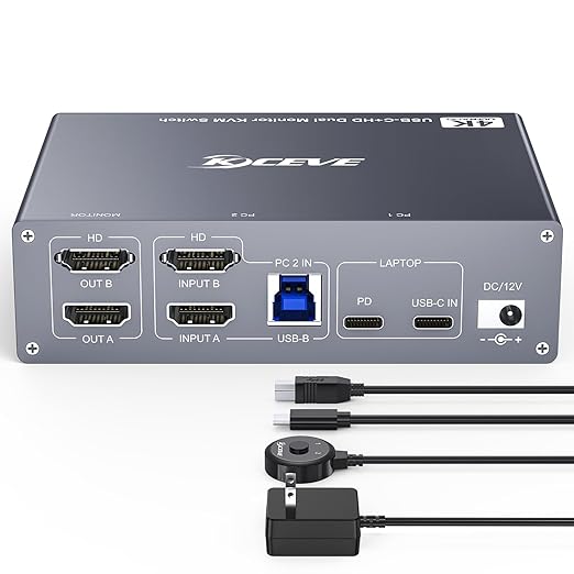 USB C HDMI KVM Switch for 1 Desktop+1 Laptop, Dual Monitor KVM Switch 4K@60Hz Support PD with USB C Cable, Wired Controller and Power Adapter