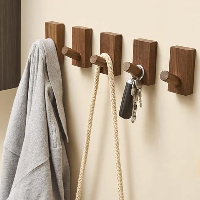 HomeDo 8Pack Adhesive Wall Hooks Hat Rack, Wooden Coat Hooks Wall Mounted, Decorative Single Organizer Hat Hanger Towel Rack, Heavy Duty Hooks (Rectangle-Walunt,8Pack)