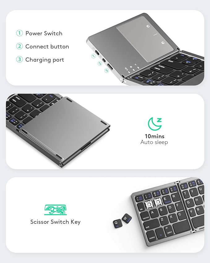 Samsers Foldable Bluetooth Keyboard with Touchpad, Portable Wireless Keyboard with Stand Holder, Rechargeable Full Size Ultra Slim Pocket Folding Keyboards for Android Windows IOS Tablet & Laptop-Gray