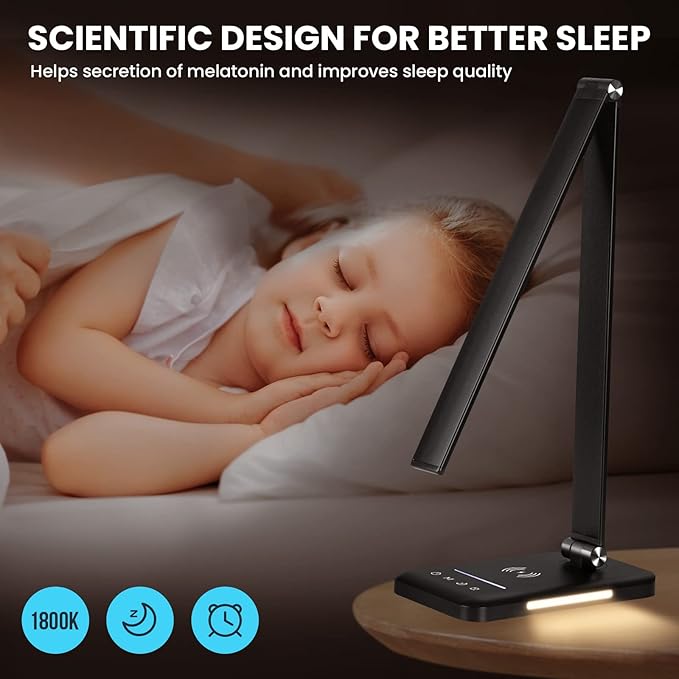 LED Desk Lamp with Night Light, Fast Wireless Charger, USB Charging Port, 10 Brightness, 5 Color Modes, Dimmable Bedside Table Lamp for Bedroom, Touch Control, Auto Timer, 1200Lux Super Bright