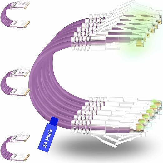 Rapink Patch Cables Cat6/ Cat6a 2ft (24 Pack) Slim, Cat6a Ethernet Patch Cable 20G Support, Snagless Cat 6 Patch Cable for Patch Panel to Switch, Flexiable Cat6 Ethernet Cable Purple