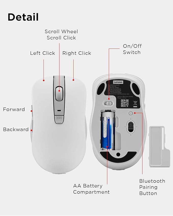 Lenovo Bluetooth Silent Mouse (WL300) - 5 Button Computer Mouse with Silent Left & Right Click – Sculpted Grip, Microsoft Swift Pair, Up to 1600 DPI (White)
