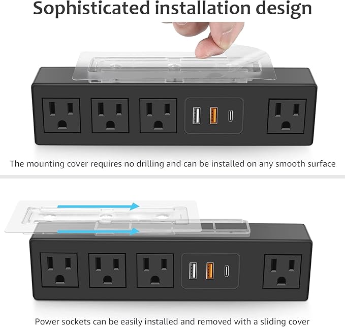 HHSOET Under Desk Power Strip with 3M Adhesive, Removable Under Desktop Mount Plug with Fast Charging USB C and USB A Ports, 4 Outlet Under Table Surge Protector 1200J, 6FT Extension Cord. (Black)