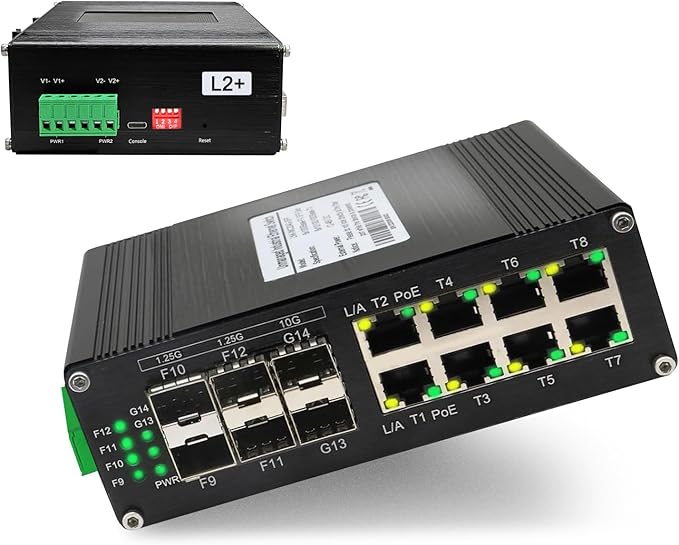 Industrial Managed 10G Ethernet PoE Switch, 2*10G SFP + Slot+4*Gigabit SFP Slot +8*RJ45 Port, PoE Networking Switch Supporting Din-Rail, 48~57VDC Power Input