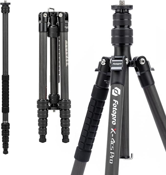 Fotopro 59” Carbon Fiber Travel Tripod, 2 in 1 Lightweight Monopod Tripods, Professional Compact Tripod for DSLR Camera, Load up to 17.6lbs(8kg)