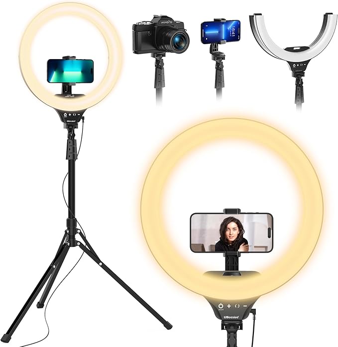 UBeesize 14'' Foldable Ring Light with 62'' Tripod Stand and Phone Holder, LED Selfie RingLight for iPhone with Remote, Circle Light for Tiktok/YouTube/Photography/Makeup/Live Stream