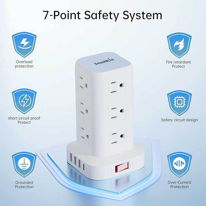 PD20W Power Strip Tower Surge Protector Power Strip with USB 12 Outlets with 4 USB Ports (1 USB C), Flat Plug 10FT Extension Cord Multi Plug Outlet Extender Overload Protection for Home Office