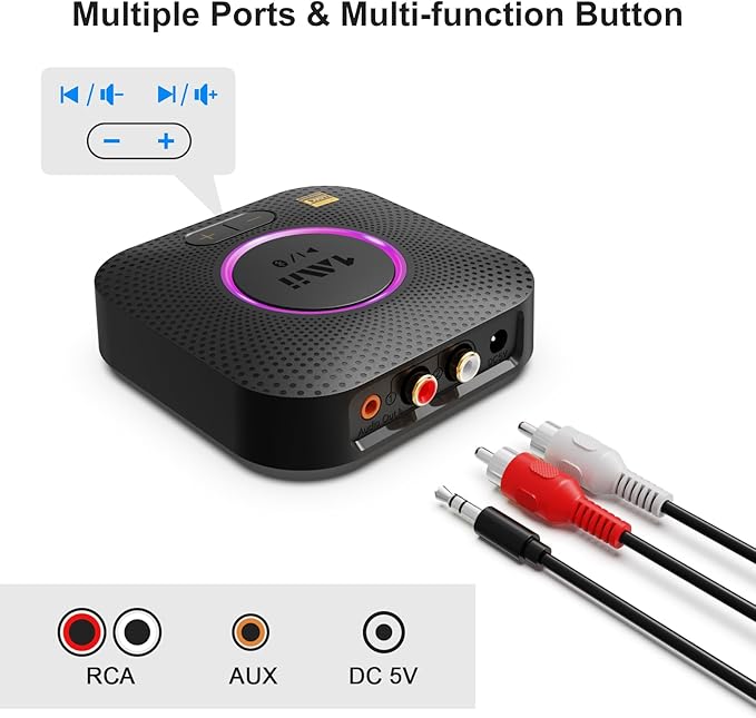 1Mii B06S+ Bluetooth 5.2 Receiver, HiFi Bluetooth Audio Adapter w/LDAC, aptx HD & aptx Low Latency, Long Range Hi-Res Audio with Volume Control, 3.5mm & RCA outputs, Easy Setup for Home Stereo System