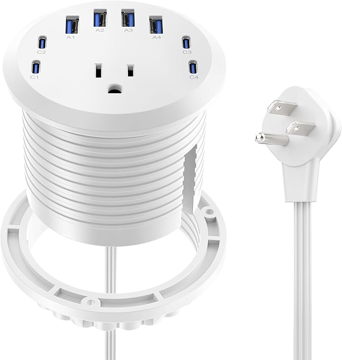 Jgstkcity 65W USB-C Hidden Desktop Power Grommet: 1 AC Outlet,8 USB Charging Ports,3'' Hole Flush Mount Pop-Up Power for Conference Tables & Nightstands (Whtie, 6 FT)