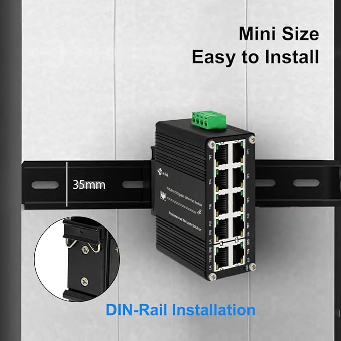 Mini Industrial 8-Port 10/100/1000T 802.3at PoE + 2-Port 10/100/1000T Din Rail Mount Compact Ethernet Switch, 48~57V DC Unmanaged Network Switch 20Gbps Switching Capacity