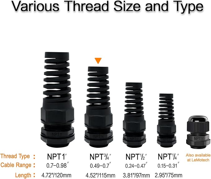 LeMotech 5Pcs NPT 3/4" IP68 Waterproof Cable Gland Flex Spiral Strain Relief Black Nylon Joint with Gaskets for 13-18mm Wire Thread