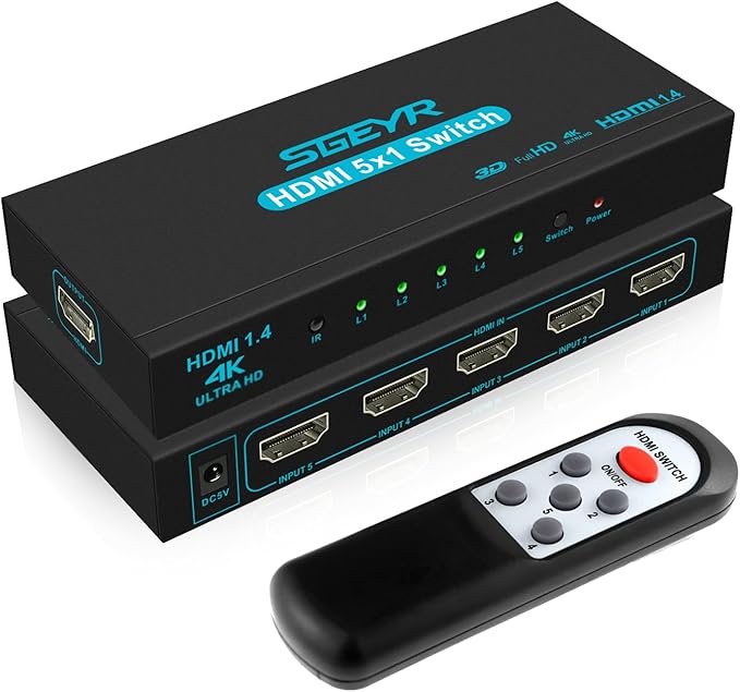 HDMI Switch SGEYR 5x1 HDMI Switcher 5 in 1 Out HDMI Selector 5 Port Box with IR Remote Control HDMI 1.4 HDCP 1.4 Support 4K@30Hz Ultra HD 3D 2160P 1080P