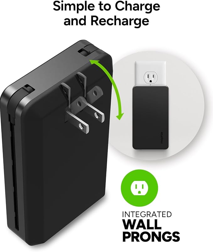 Mophie Powerstation Plus Ultra 10,000mAh Power Bank - Integrated USB-C and Lightning Cables and Foldable Wall Prongs – Fast Charging for Smartphones, Tablets, and More