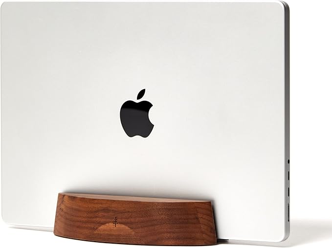 Nordik Adjustable Vertical Laptop Stand - Walnut - Premium Laptop Holder for Home Office, Software Engineers - Space Saving Desk Laptop Dock - Stable Non-Slip Wood Stand - MacBook Pro