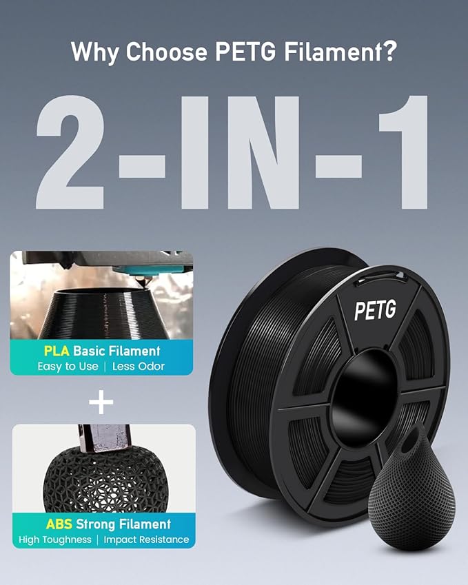 SUNLU 3D Printer Filament PETG Filament 1.75mm, Less Stringing Good Layer Adhesion High Toughness, PETG Filament 1.75 ±0.02mm, 1kg Spool(2.2lbs), Silver