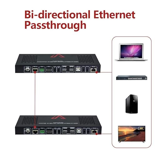 HDBaesT HDMI USB KVM Extender 4K60Hz 4:4:4 18Gbps 1080P HDR 330ft(100m) Over Cat5e/6/6a/7, HDMI2.0, Switchable 1 Host & 4 USB 2.0 on TX or RX, Two-Way IR/ 3.5mm Stereo/ RS232 (4KEX100-KVM-H2)