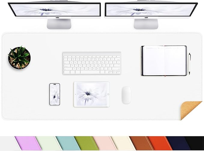 AFIING Leather Desk pad Protector, Large Non-Slip Office Desk Mat with Natural Cork & PU Leather, Waterproof Writing Mouse Pad for Office and Home (55in*17in,White)